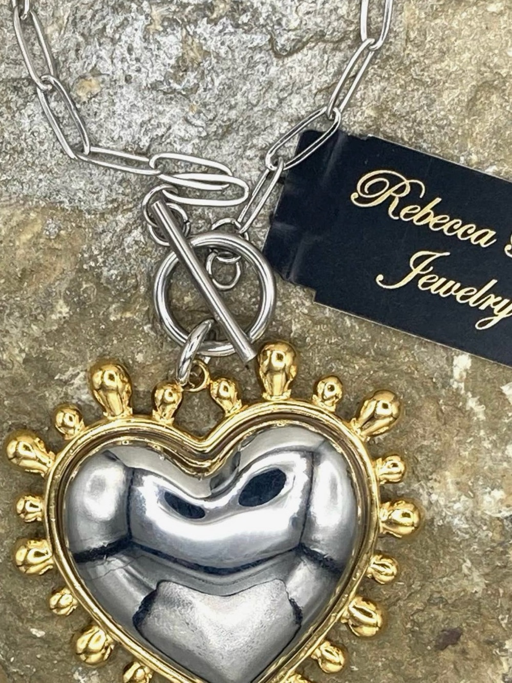 Boho Gold & Silver Puffed Heart Toggle Pendant Necklace